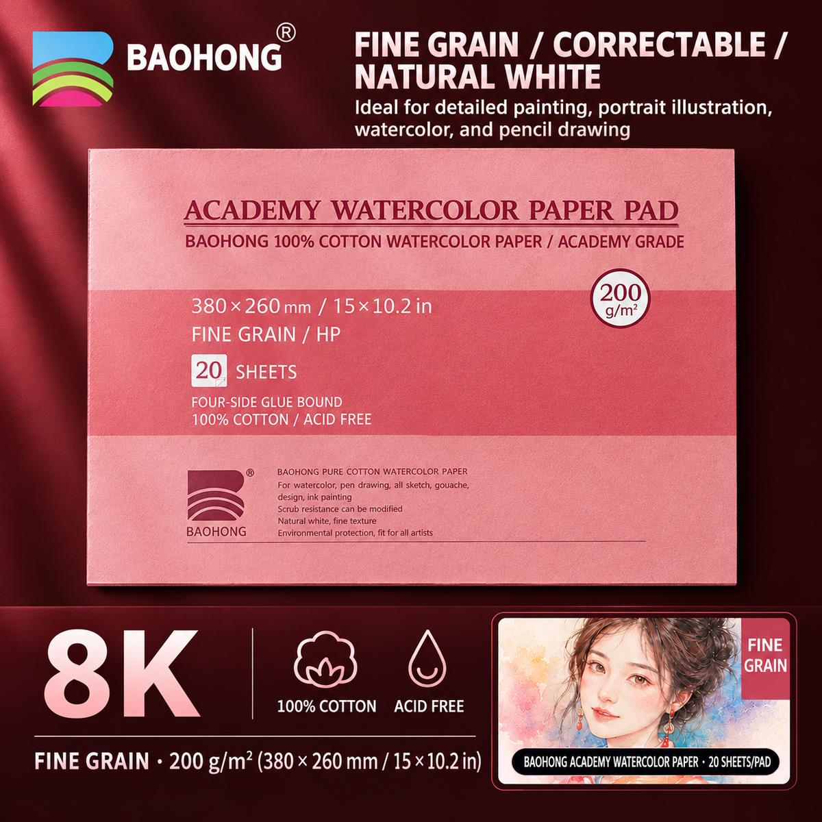 BAOHONG Academy Watercolor Paper Pad – 100% Cotton